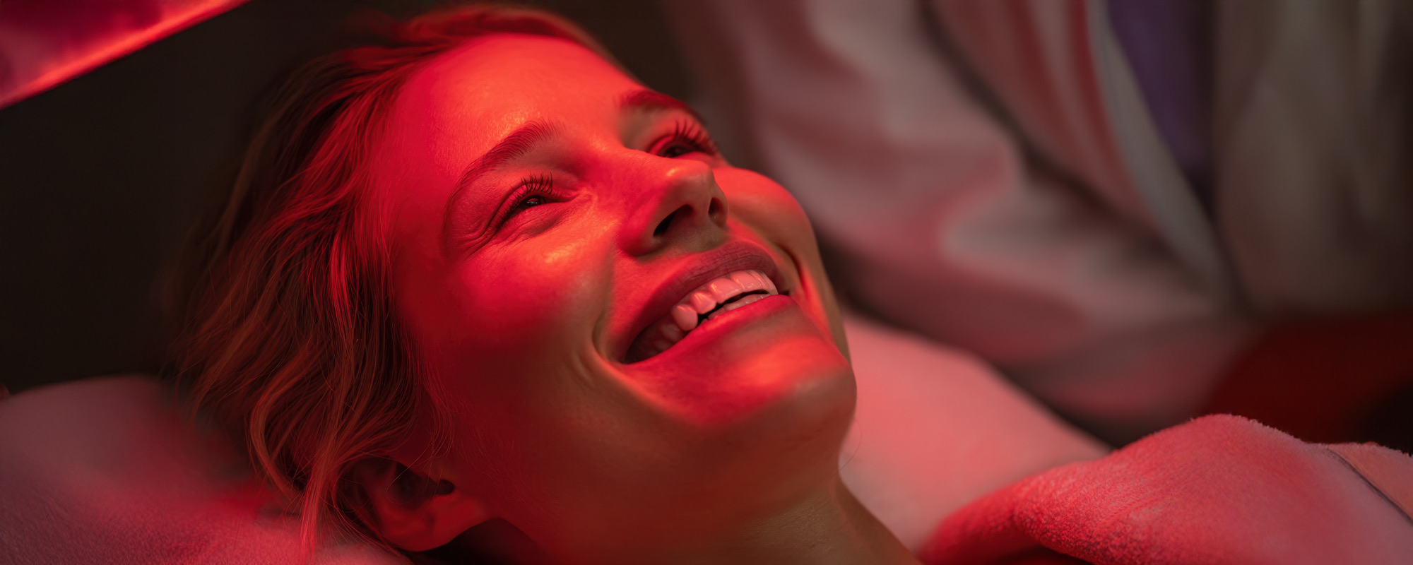 uśmiechnięta kobieta w trakcie terapii światłem LED